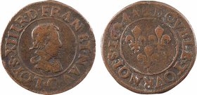 Louis XIII, double tournois 3e type, 1624 Riom
A/(à 6 h.) LOYS. XIII. R. D. FRAN. ET. NAV.
Petit buste juvénile du Roi à droite, lauré, drapé et cui...