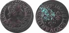Louis XIII, double tournois 12e type, 1638 Tours
A/(à 6 h.) LOVIS. XIII. R. D. FRAN. E. NA (croissant)
Buste du Roi à droite, lauré, drapé et cuiras...