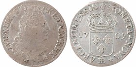Monnayage de Strasbourg, Louis XIV, pièce de 44 sols, 1709 Strasbourg
A/LVD. XIIII. D. G. - FR. ET. NAV. REX
Buste cuirassé du Roi à droite ; (diffé...