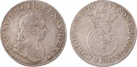 Louis XV, dixième d'écu dit Vertugadin, 1716 Strasbourg
A/LVD. XV. D. G. FR. ET. NAV. REX. (différent)
Buste enfantin du Roi à droite, drapé et cuir...