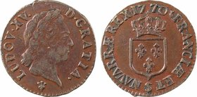 Louis XV, demi-sol à la vieille tête, 1770 Reims
A/LUDOV. XV. - D. GRATIA.
Tête à droite du Roi, laurée ; (différent) au-dessous
R/(différent) FRAN...