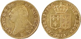 Louis XVI, double louis d'or à la tête nue, 1786 Nantes
A/LUD. XVI. D. G. FR. - ET NAV. REX
Tête nue du Roi à gauche, au-dessous (différent)
R/CHRS...