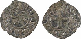 Aquitaine (duché d'), Édouard III, obole au léopard, 4e type, rosette
A/+ ED': REX ANGLIE
Léopard passant à gauche, au-dessus d'une rosette
R/+ DVX...