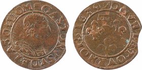 Dombes (principauté des), Gaston d'Orléans, double tournois 12e type, 1639 Trévoux
A/(à 12 h.) + GASTON. VSV. DE. LA. SOV. DOM
Buste drapé et cuiras...