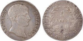 Premier Empire, 5 francs buste intermédiaire, An 12 Toulouse
A/NAPOLEON - EMPEREUR.
Tête nue à droite, signature TIOLIER. F. sur la tranche du cou
...