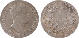 Premier Empire, 1 franc calendrier révolutionnaire, An 14 Turin
A/NAPOLEON - EMPEREUR.
Buste à droite de l'Empereur, au-dessous signature Tiolier
R...
