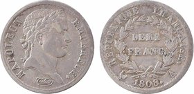 Premier Empire, demi-franc République, buste fin, 1808 Paris
A/NAPOLEON - EMPEREUR.
Tête laurée à droite, au-dessous signature Tiolier
R/REPUBLIQUE...