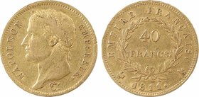 Premier Empire, 40 francs Empire, 1811 Paris, lettre sur le coq
A/NAPOLEON - EMPEREUR.
Tête laurée à gauche, au-dessous signature Tiolier
R/EMPIRE ...