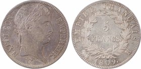 Premier Empire, 5 francs Empire, 1809 Rouen
A/NAPOLEON - EMPEREUR.
Tête laurée à droite, au-dessous signature Tiolier
R/EMPIRE FRANÇAIS.// (différe...