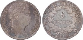 Premier Empire, 5 francs Empire, 1810 Bayonne (L - rose)
A/NAPOLEON - EMPEREUR.
Tête laurée à droite, au-dessous signature Tiolier
R/EMPIRE FRANÇAI...