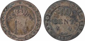 Premier Empire, 10 centimes à l'N couronnée, 1809 Perpignan
A/
Dans le champ, grande N sous une couronne et dans un listel orné d'une couronne formé...