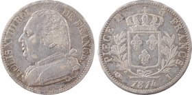 Louis XVIII, 5 francs buste habillé, 1814 Limoges
A/LOUIS XVIII ROI - DE FRANCE.
Buste habillé à gauche de Louis XVIII, signature Tiolier sur la tra...