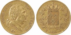 Louis XVIII, 40 francs, 1816 Perpignan
A/LOUIS XVIII - ROI DE FRANCE
Tête nue à droite, au-dessous signature Michaut
R/(différent) (date) (atelier)...