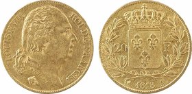 Louis XVIII, 20 francs buste nu, 1818 Paris
A/LOUIS XVIII - ROI DE FRANCE.
Tête nue à droite, au-dessous MICHAUT F. et (différent)
R/(différent) (d...