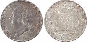 Louis XVIII, 5 francs buste nu, 1823 La Rochelle
A/LOUIS XVIII ROI - DE FRANCE.
Tête nue à gauche, au-dessous MICHAUT F. et (différent)
R/(différen...