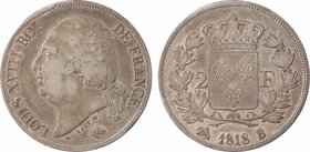 Louis XVIII, 2 francs, 1818 Rouen
A/LOUIS XVIII ROI - DE FRANCE.
Tête nue à gauche, au-dessous MICHAUT F. et (différent)
R/(différent) (date) (atel...