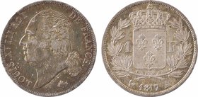 Louis XVIII, 1 franc, 1817 Paris
A/LOUIS XVIII ROI - DE FRANCE.
Tête nue à gauche, au-dessous MICHAUT F. et (différent)
R/(différent) (date) (ateli...