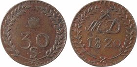 Louis XVIII, Mines d'Aniche, 30 sols, 1820
A/
30/ .S. sous un chapeau, le tout dans une couronne formée de deux branches
R/
Sous un marteau et un ...