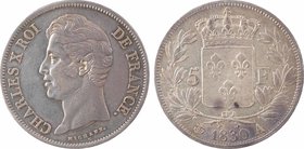 Charles X, 5 francs tranche en relief, 1830 Paris
A/CHARLES X ROI - DE FRANCE.
Tête nue à gauche du Roi, au-dessous et plus bas signature Michaut et...
