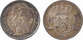 Charles X, 1/4 de franc, 1828 Strasbourg
A/CHARLES X ROI - DE FRANCE.
Tête nue à gauche du Roi, au-dessous signature MICHAUT/ T
R/(différent) (date...