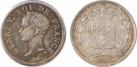 Henri V, 1/2 franc, 1833, variété frappe médaille, Bruxelles (Würden)
A/HENRI V. ROI DE FRANCE.
Tête nue à gauche d'Henri V
R/(date).
Écu de Franc...