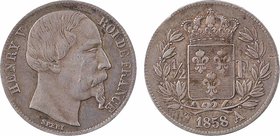 Henri V, 1/2 franc, 1858 Bruxelles (Würden)
A/HENRI V - ROI DE FRANCE
Tête âgée à droite d'Henri V, au-dessous signature SPERI
R/(différent) (date)...