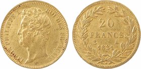 Louis-Philippe Ier, 20 francs Tiolier, tranche en relief, 1831 Paris
A/LOUIS PHILIPPE I - ROI DES FRANÇAIS
Tête à gauche ; signature TIOLIER sous le...