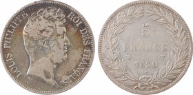 Louis-Philippe Ier, 5 francs Tiolier sans le I, tranche en creux, 1830 Lille
A/LOUIS PHILIPPE - ROI DES FRANÇAIS
Tête nue à droite de Louis-Philippe...