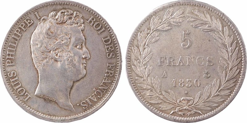 Louis-Philippe Ier, 5 francs Tiolier avec le I, tranche en relief, 1830 Paris
A...
