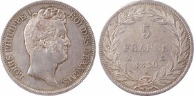 Louis-Philippe Ier, 5 francs Tiolier avec le I, tranche en relief, 1830 Paris
A/LOUIS PHILIPPE I - ROI DES FRANÇAIS
Tête nue à droite, signature N. ...