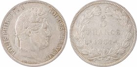 Louis-Philippe Ier, 5 francs Ier type Domard, tranche en creux, 1831 Lyon
A/LOUIS PHILIPPE I - ROI DES FRANÇAIS
Tête laurée à droite, au-dessous DOM...