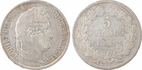 Louis-Philippe Ier, 5 francs Ier type Domard, tranche en relief, 1831 La Rochelle
A/LOUIS PHILIPPE I - ROI DES FRANÇAIS
Tête laurée à droite, au-des...