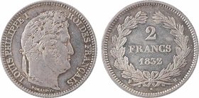 Louis-Philippe Ier, 2 francs, 1832 La Rochelle
A/LOUIS PHILIPPE I - ROI DES FRANÇAIS
Tête laurée de chêne à droite, au-dessous signature DOMARD. F....
