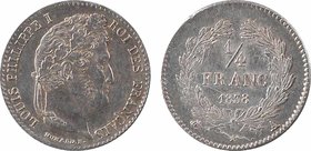 Louis-Philippe Ier, 1/4 franc, 1838 Paris
A/LOUIS PHILIPPE I - ROI DES FRANÇAIS
Tête laurée de chêne à droite, au-dessous signature DOMARD. F.
R/(d...