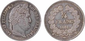 Louis-Philippe Ier, 1/4 franc, 1844 Lille
A/LOUIS PHILIPPE I - ROI DES FRANÇAIS
Tête laurée de chêne à droite, au-dessous signature DOMARD. F.
R/(d...