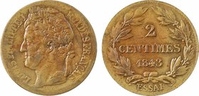 Louis-Philippe Ier, essai de 2 centimes par Bovy, 1843
A/LOUIS PHILIPPE I - ROI DES FRANÇAIS
Tête laurée à gauche de Louis-Philippe Ier, signé BOVY ...