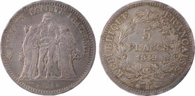 IIe République, 5 francs Hercule, 1849 Strasbourg
A/(branche) LIBERTÉ ÉGALITÉ FRATERNITÉ
Hercule debout de face avec la léonté, entre la Liberté deb...