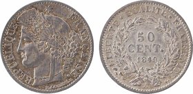 IIe République, 50 centimes Cérès, 1849 Paris
A/REPUBLIQUE - FRANÇAISE
Tête laurée de la République à gauche, au-dessous signature E. A. OUDINE. F....