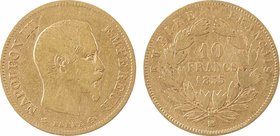 Second Empire, 10 francs tête nue, grand module, 1855 Strasbourg
A/NAPOLEON III - EMPEREUR
Tête nue à droite, au-dessous (différent) BARRE (différen...