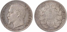 Second Empire, 2 francs tête nue, 1853 Paris
A/NAPOLEON III - EMPEREUR
Tête nue à gauche ; au-dessous (différent) BARRE (différent)
R/EMPIRE - FRAN...