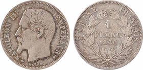 Second Empire, 1 franc tête nue, 1860 Paris
A/NAPOLEON III - EMPEREUR
Tête nue à gauche ; au-dessous (différent) BARRE (différent)
R/EMPIRE - FRANÇ...