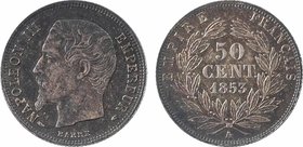 Second Empire, 50 centimes tête nue, 1853 Paris
A/NAPOLEON III - EMPEREUR
Tête nue à gauche ; au-dessous (différent) BARRE (différent)
R/EMPIRE - F...