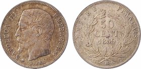 Second Empire, 50 centimes tête nue, 1859 Strasbourg
A/NAPOLEON III - EMPEREUR
Tête nue à gauche ; au-dessous (différent) BARRE (différent)
R/EMPIR...