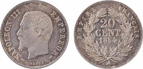Second Empire, 20 centimes tête nue, 1854 Paris
A/NAPOLEON III - EMPEREUR
Tête nue à gauche ; au-dessous (différent) BARRE (différent)
R/EMPIRE - F...