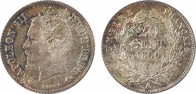 Second Empire, 20 centimes tête nue, 1860 Paris
A/NAPOLEON III - EMPEREUR
Tête nue à gauche ; au-dessous (différent) BARRE (différent)
R/EMPIRE - F...