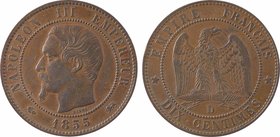 Second Empire, dix centimes tête nue, 1855 Lyon
A/NAPOLEON III - EMPEREUR// (différent) (date) (différent)
Tête nue à gauche ; au-dessous BARRE
R/E...