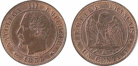 Second Empire, un centime tête nue, 1853 Paris
A/NAPOLEON III EMPEREUR// (différent) (date) (différent)
Tête nue à gauche, au-dessous signature BARR...
