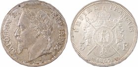 Second Empire, 5 francs tête laurée, 1867 Strasbourg
A/NAPOLEON III - EMPEREUR (atelier)
Tête laurée à gauche ; au-dessous BARRE
R/EMPIRE - FRANÇAI...