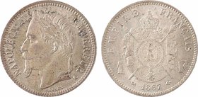 Second Empire, 1 franc tête laurée, 1867 Bordeaux
A/NAPOLEON III - EMPEREUR (atelier)
Tête laurée à gauche ; au-dessous BARRE
R/EMPIRE - FRANÇAIS//...