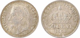 Second Empire, 50 centimes tête laurée, 1864 Bordeaux
A/(différent) NAPOLEON III - EMPEREUR (différent)
Tête laurée à gauche ; au-dessous signature ...
